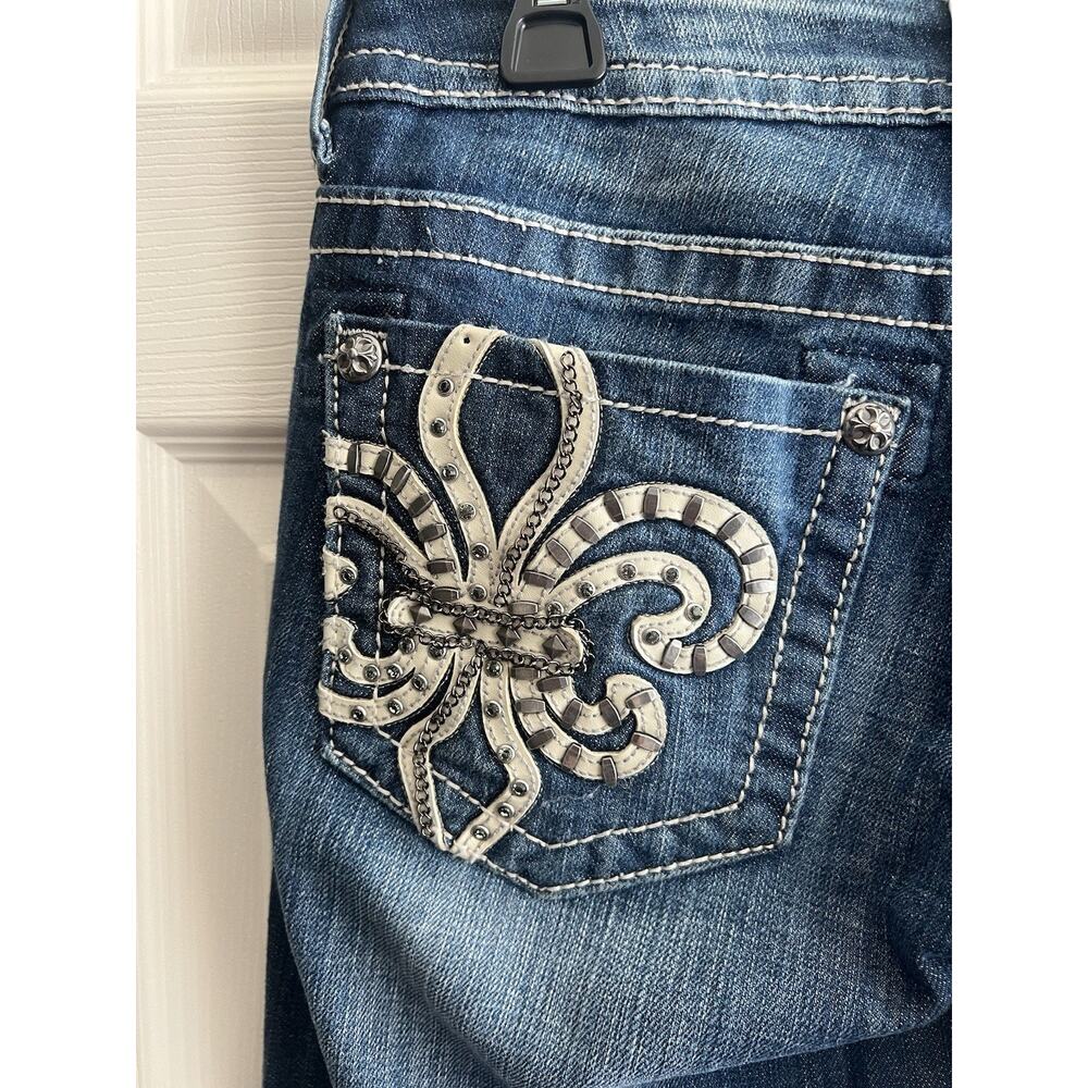 MISS ME Women's Medium Wash Fleur-De-Lis Skinny JP604855 Mid-Rise Jeans Sz 28 - Picture 7 of 16